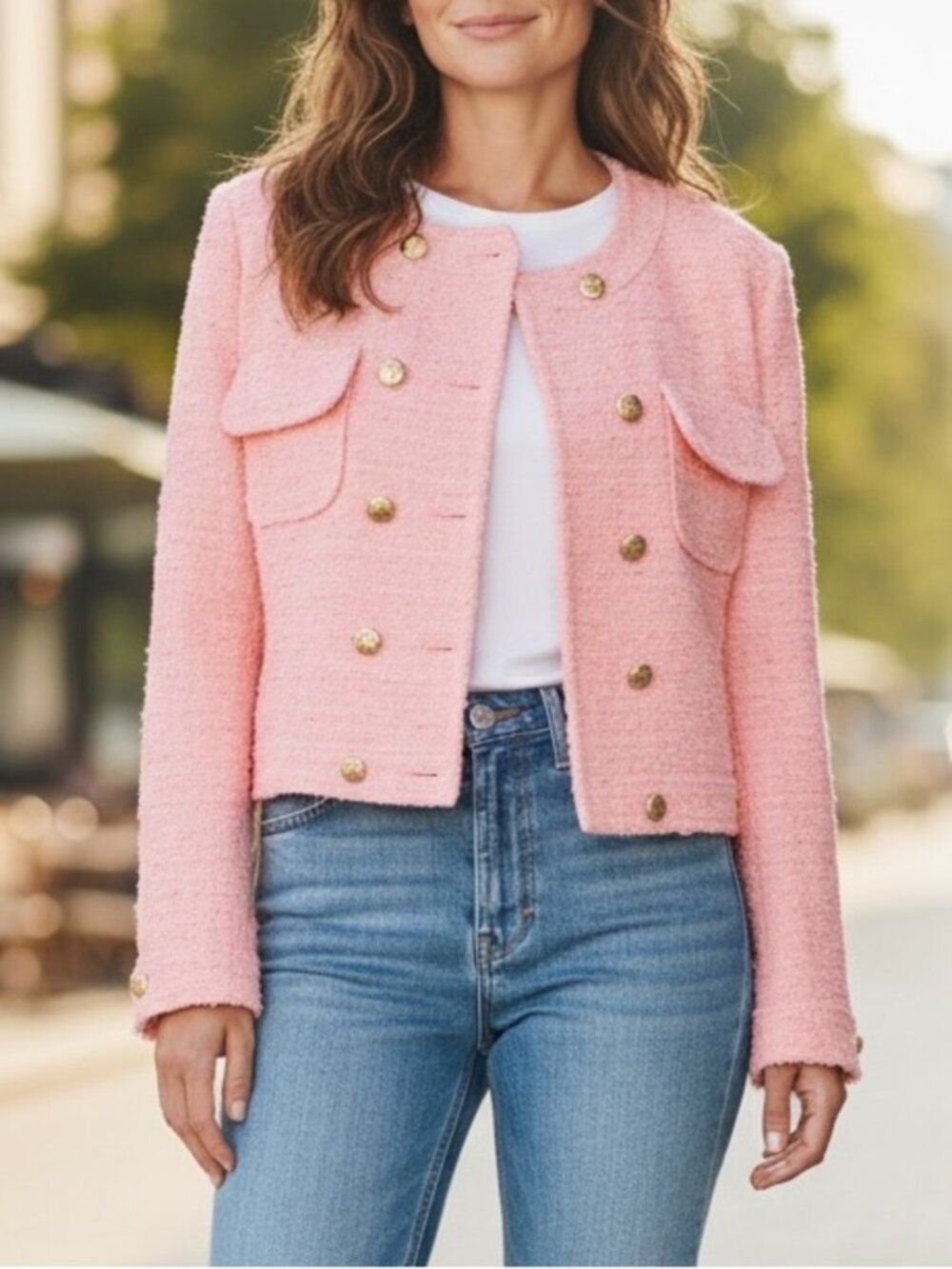 LoveShackFancy Double Breasted Cropped Tweed Blazer